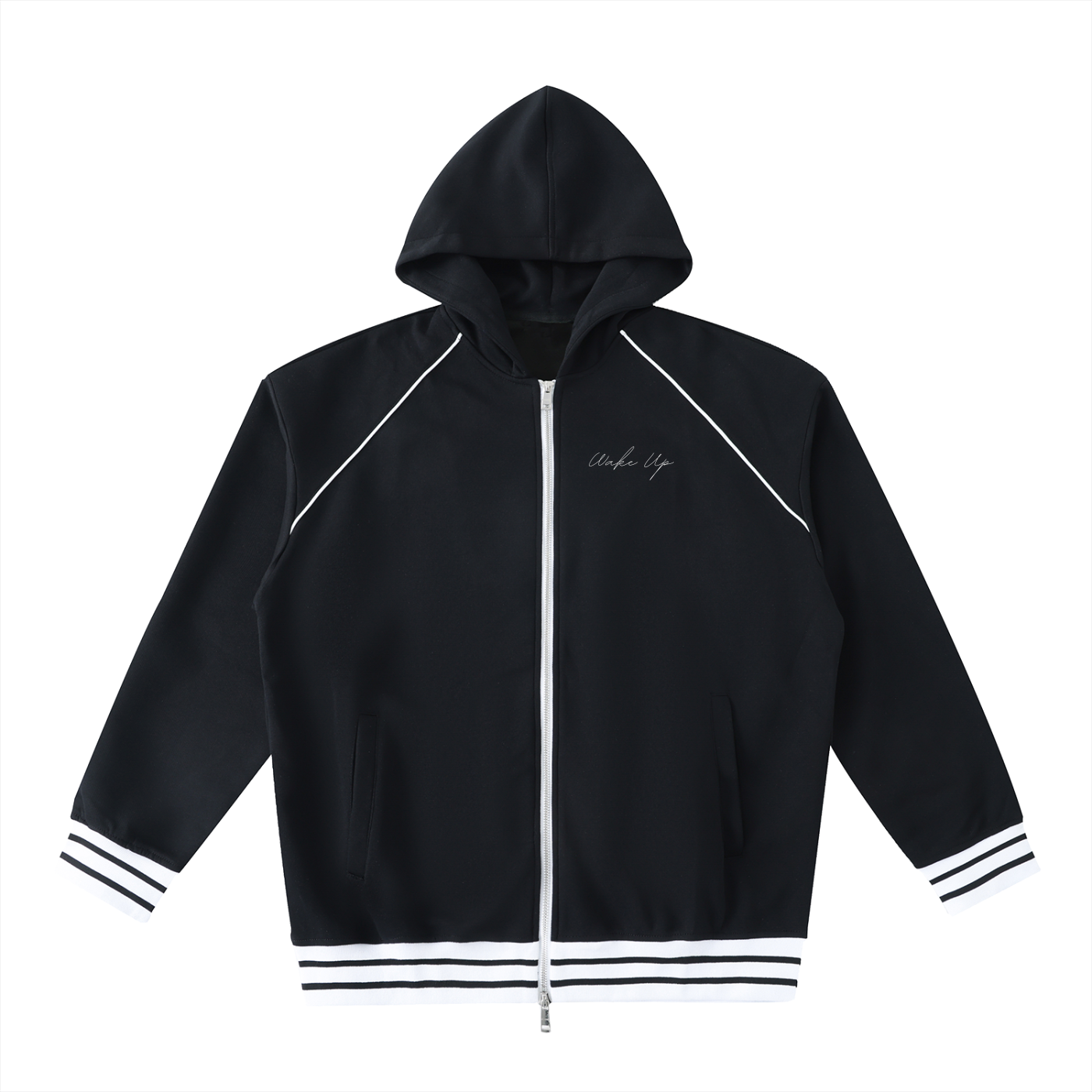 WAKE UP Striped Trim Zip-Up Hoodie