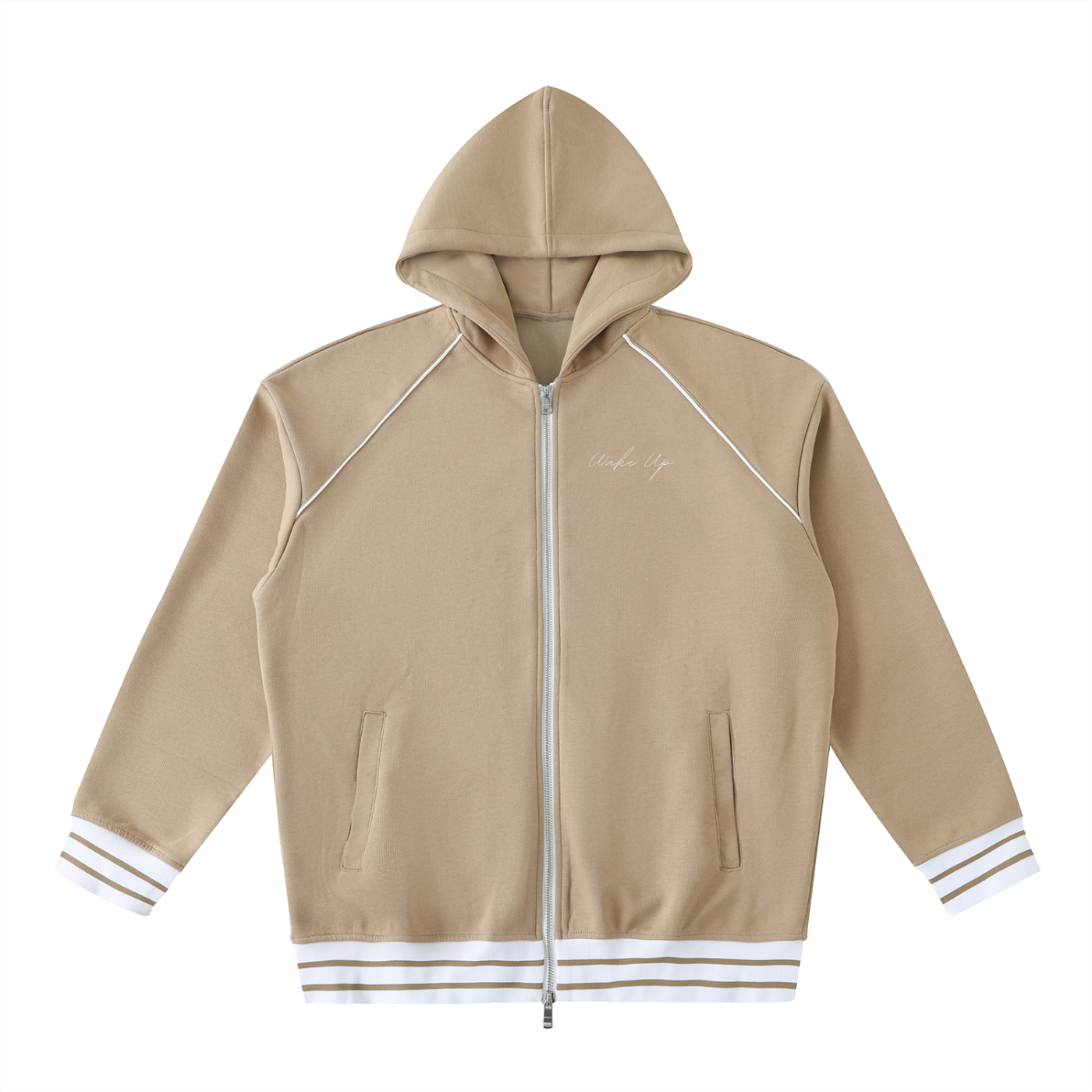 WAKE UP Striped Trim Zip-Up Hoodie