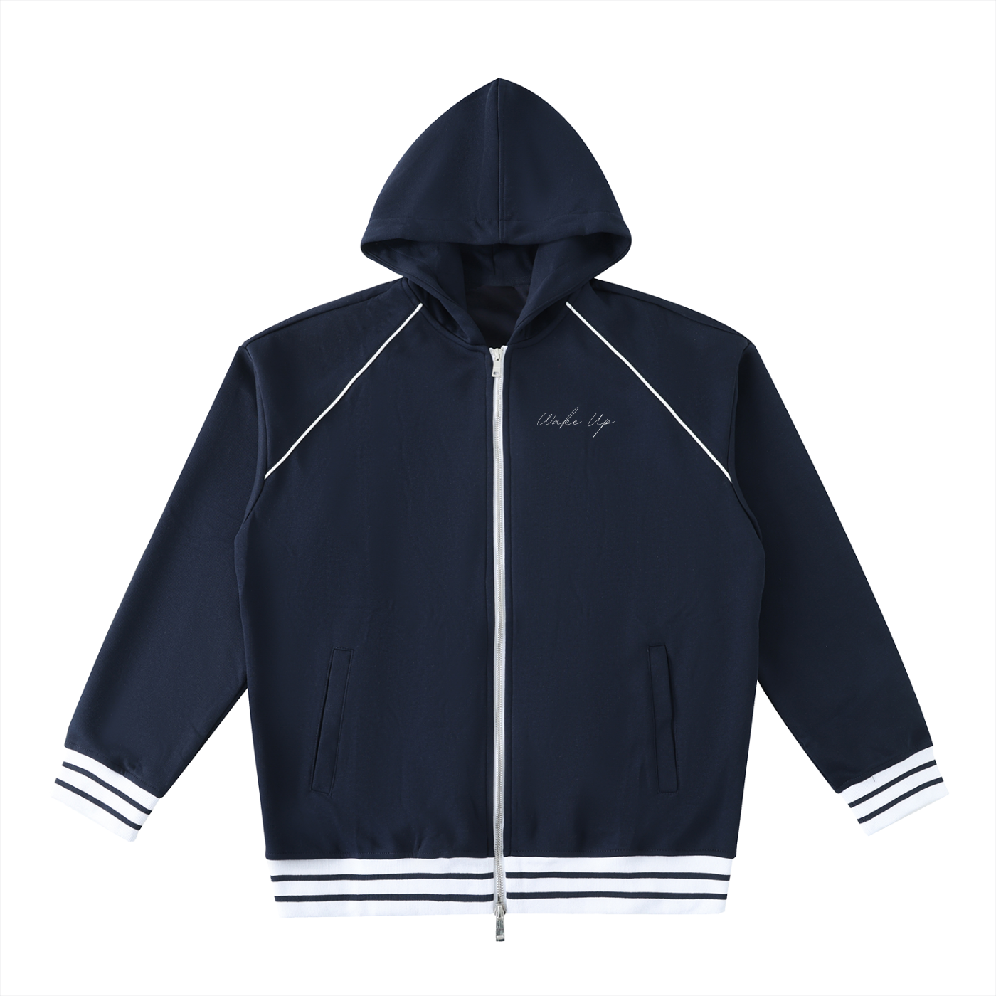 WAKE UP Striped Trim Zip-Up Hoodie