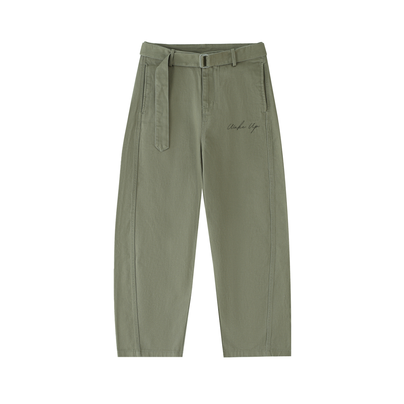 WAKE UP Twisted-Seam Belted Curved-Blade Pants