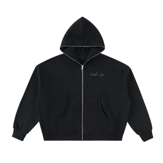WAKE UP Fleeced Full-Zip Boxy Hoodie