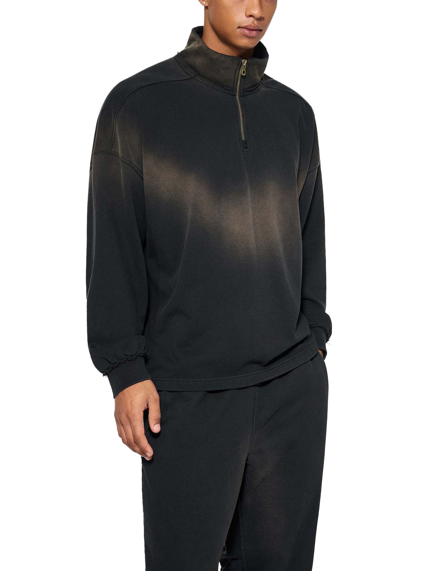 WAKE UP Sun Fade Raw Edge Quarter-Zip Sweatshirt