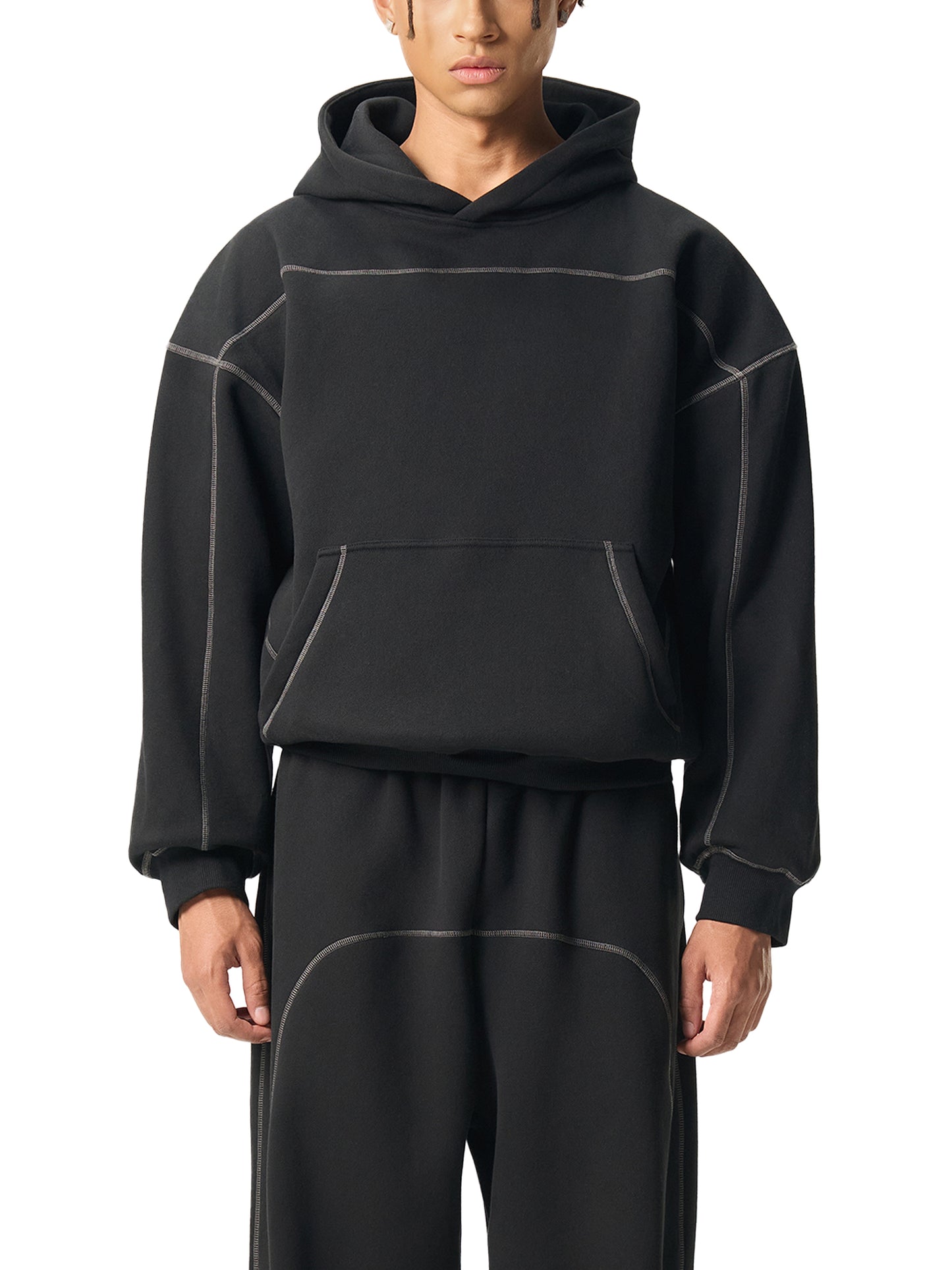 WAKE UP Contrast-Stitched Boxy Fleece Hoodie