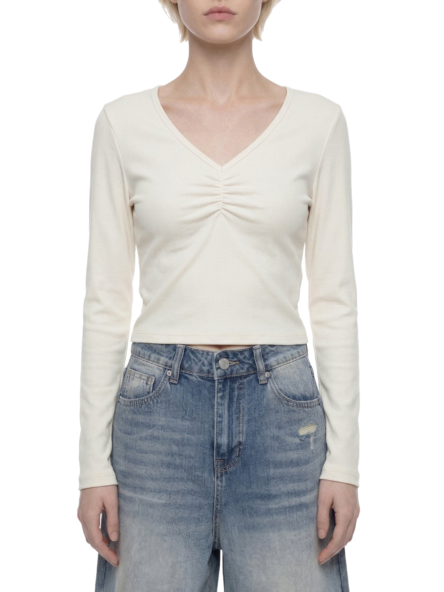 WAKE UP Women's Ruched Long Sleeve Crop T-Shirt